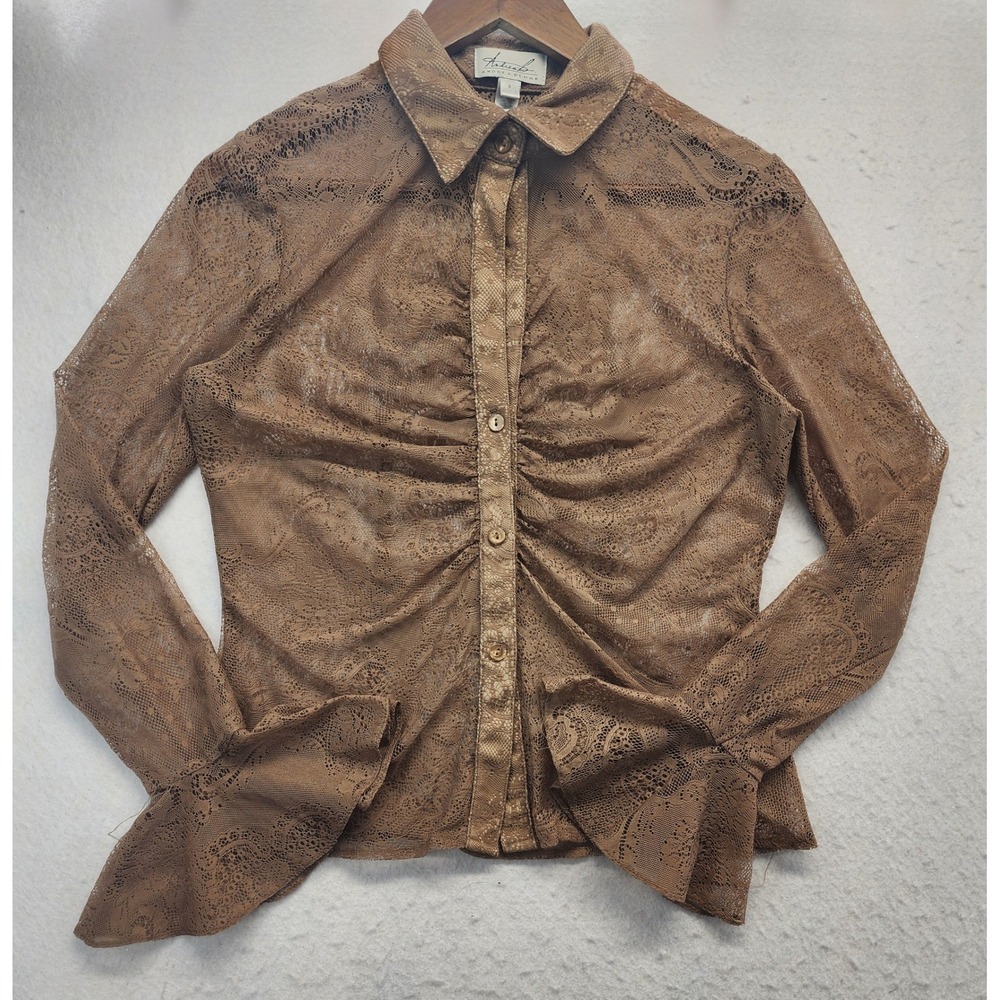 Andrea Behar Brown Sheer Lace Ruched Button Up Blouse Size 8